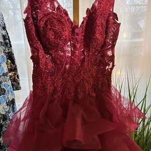 ellie wilde Burgundy Red Lace & Ruffled Prom Dress